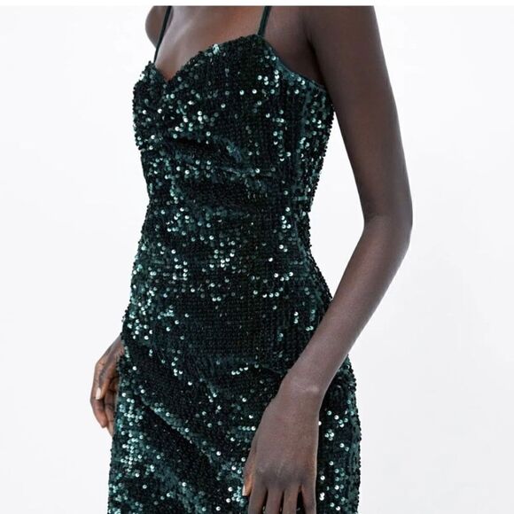Zara Sequin Green Emerald Mini Dress Size Medium - Picture 1 of 13